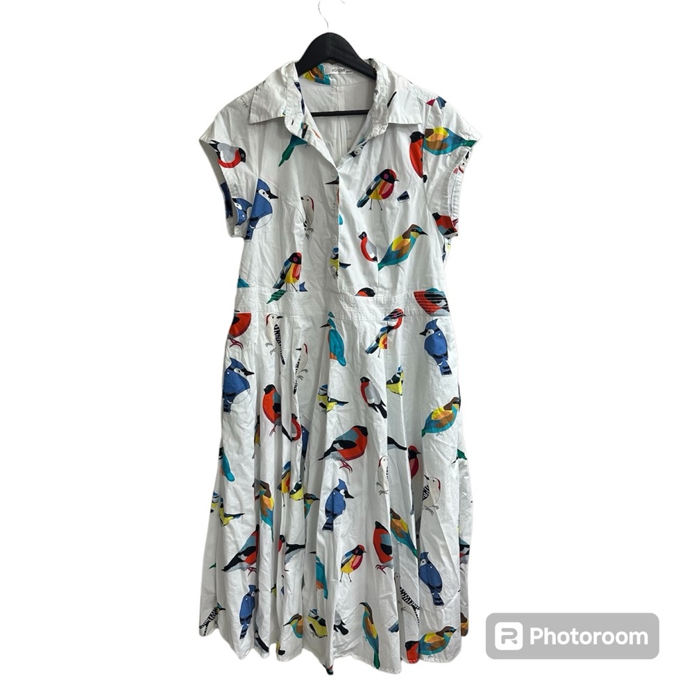 eShakti Bird Print Cotton Poplin Shirtdress